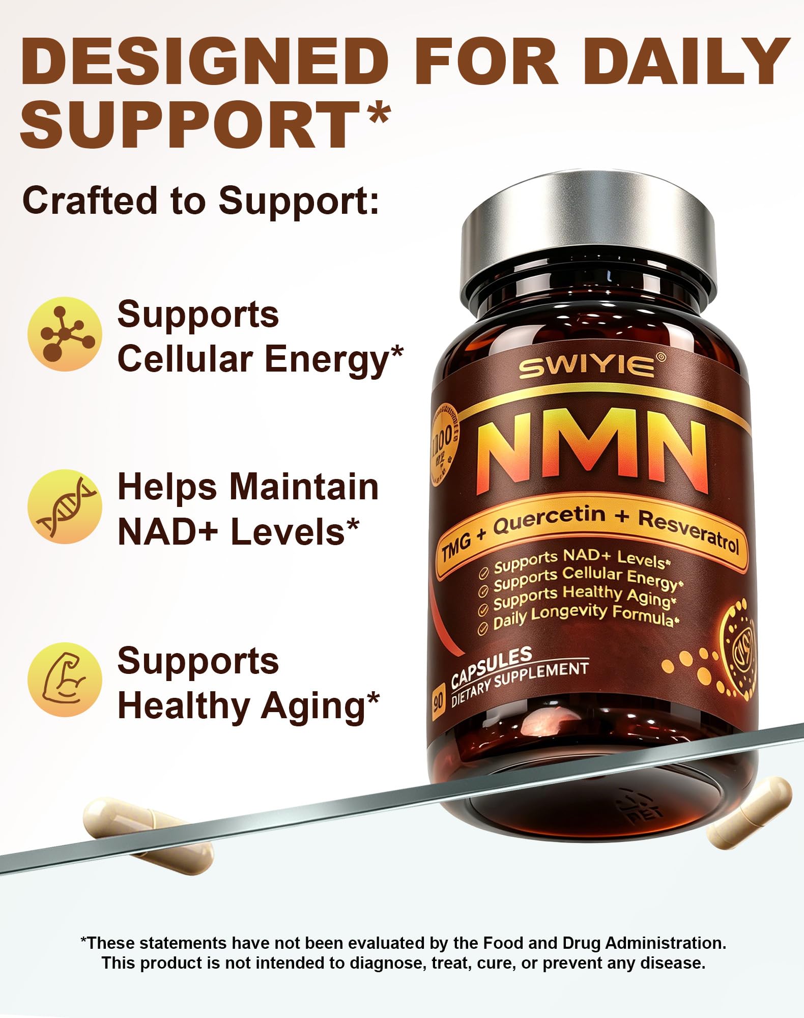 NMN NAD Supplement 1100mg,90 Capsules,Dietary Supplement4-in-1 Enhanced with Quercetin &Resveratrol & TMG | NAD+ Support & Optimizer for Cellular Energy, Anti-Aging — Amazon image 3