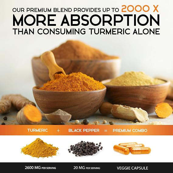 Turmeric Curcumin Supplement 2600mg - 95% Curcuminoids with Organic Turmeric & BioPerine Black Pepper for Best Absorption, Nature's Vegan Joint Support, Non-GMO Tumeric, Bottled in USA - 180 Capsules