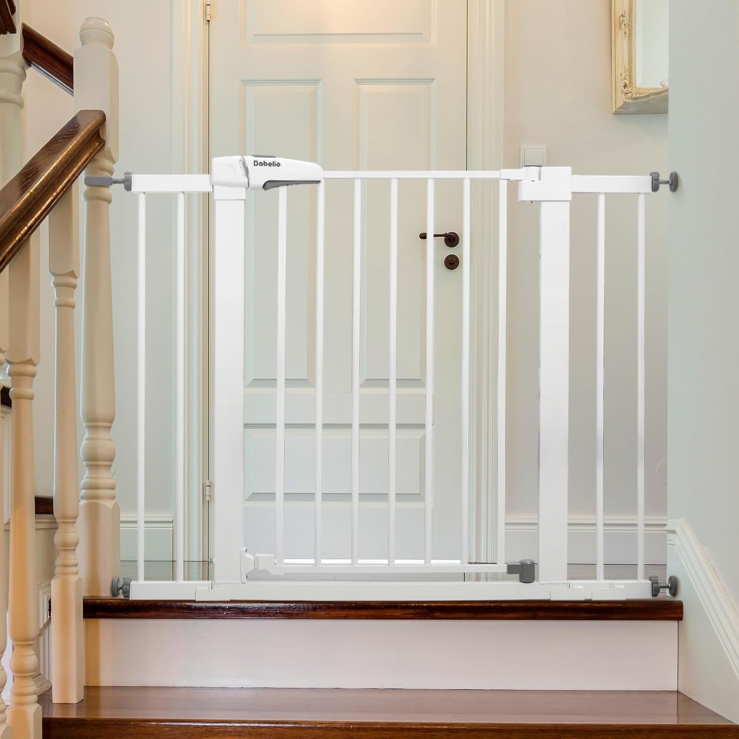 Babelio Metal Baby Gate, 29-43" Auto Close Easy Install Pet Gate PressGuard P7, Extra Wide Walk Thru Child Safety Gate, 30" Tall Pressure Mounted Dog Gate for Doorways & Stairs, White White 30"Tall 29"-43" Wide