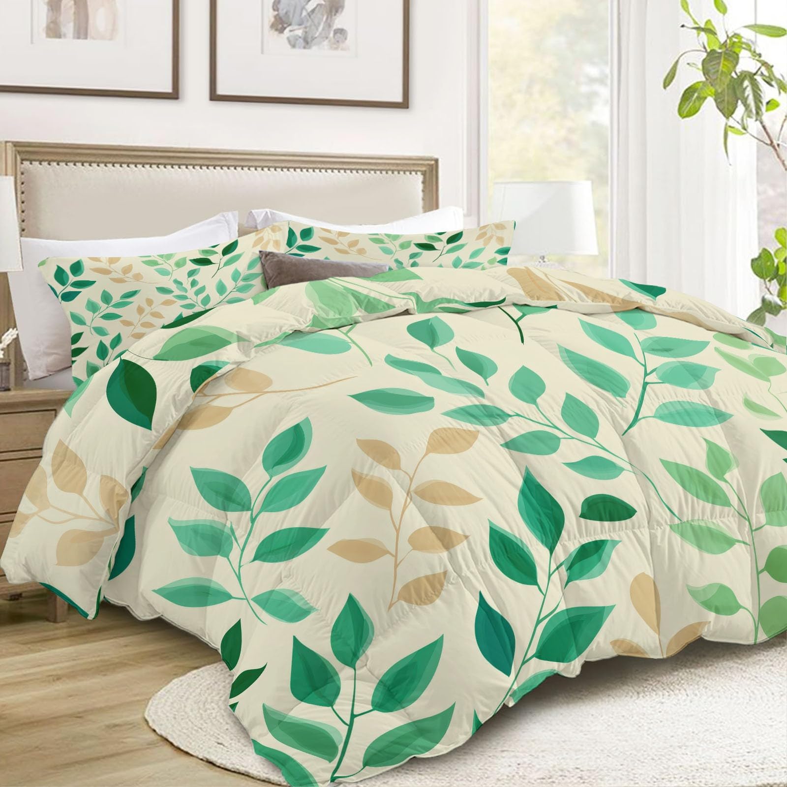 Set Trapunta 3 Pezzi 150x200 cm Foglie verdi e viticci Piumone Letto 4 Stagioni, Trapuntino Anallergico Soffice, Copriletto Trapuntato Moderno per Adulti Bambini