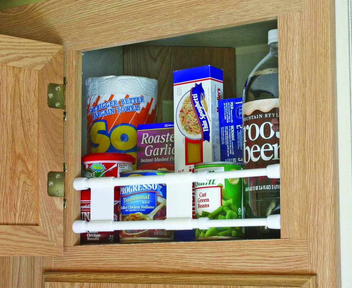 Camco 17" Double RV Refrigerator Bar -Holds Food and Drinks in Place During Travel - Prevents Messy Spills - Spring Loaded and Extends Between 10" and 17" - White (44093) image 2