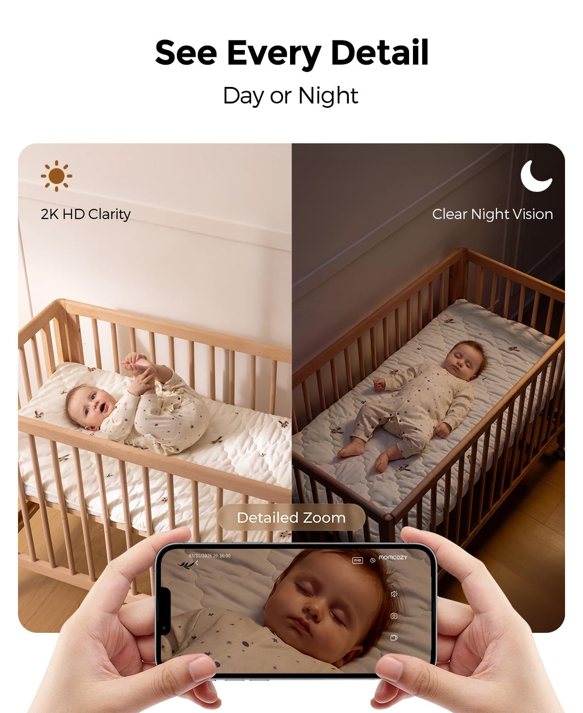  Smart Baby Monitor, 2K HD & Night Vision Contact-Free Baby Monitor | Sleep Summary, Electric Safe Fence, Cry/Motion Detection & Auto Soothing, 2.4/5GHz WiFi, 2-Way Audio, No Subscription, BM08 thumbnail