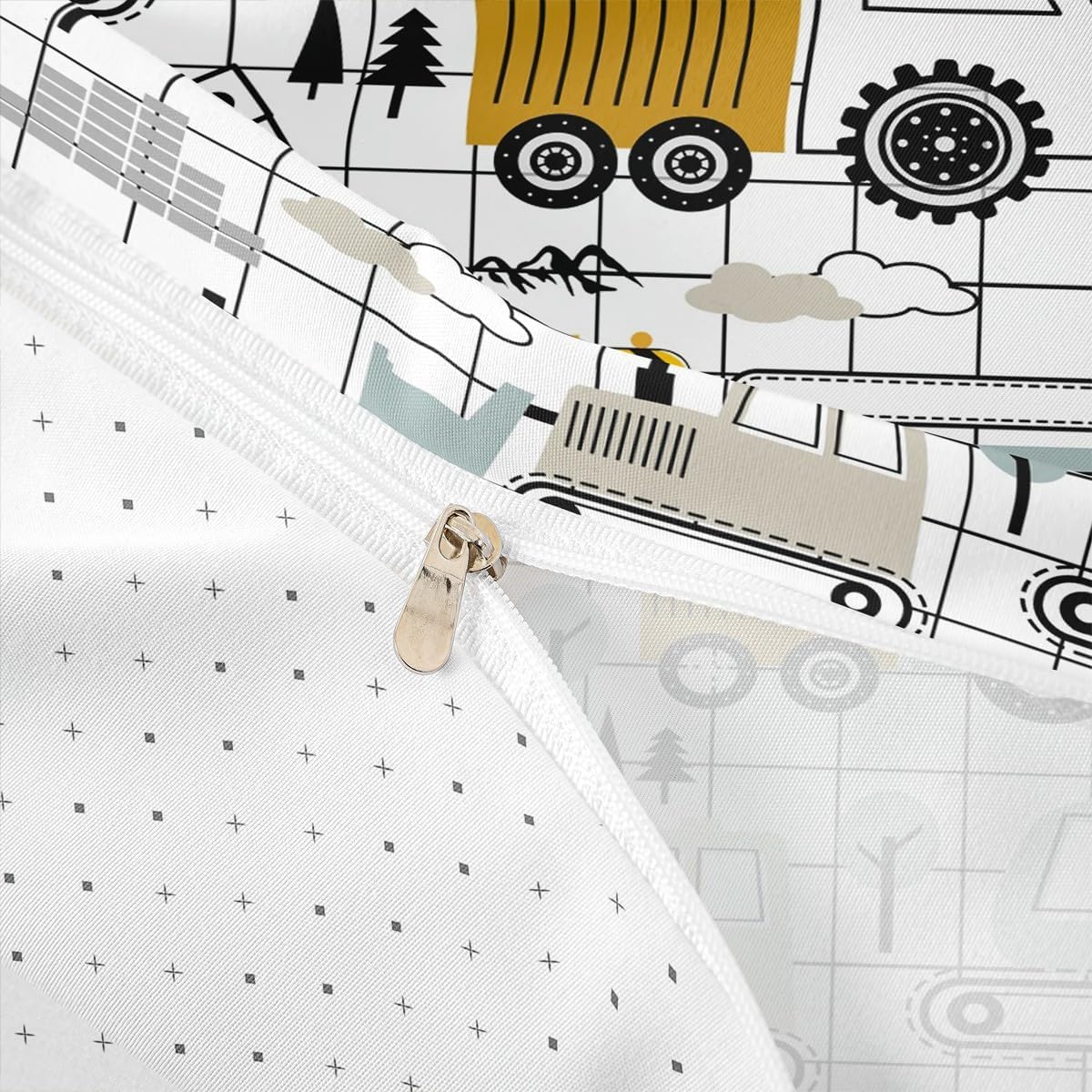 Construction Bedding Set Full Size Kids Excavator Tractor Toddler Comforter Cover Set Cartoon Car Equipment Trucks Plaid Grid Duvet Cover Construction Vehicles WhiteBedspread Cover Quilt Cover