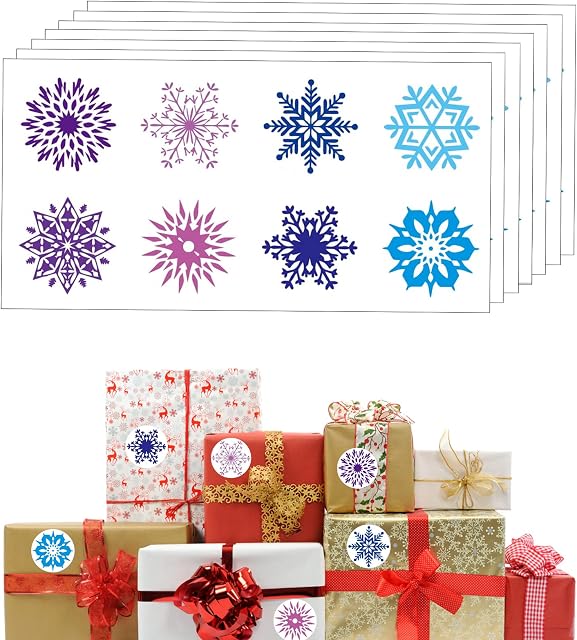 64PCS 8 Sheets Snowflake Stickers, Christmas Stickers Snow Stickers Christmas Snowflake Stickers Christmas Craft Stickers for Baking Treat Bags Envelope Cookie Candy Bag Gift Card Seals Decorate