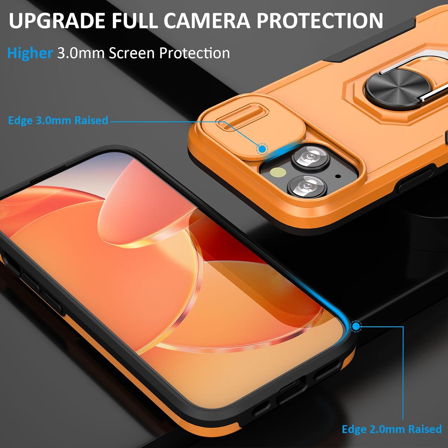iPhone 15 Plus Case with Camera Lens Cover, Ring Holder Kickstand, Magnetic Car Mount - Orange - Image 3
