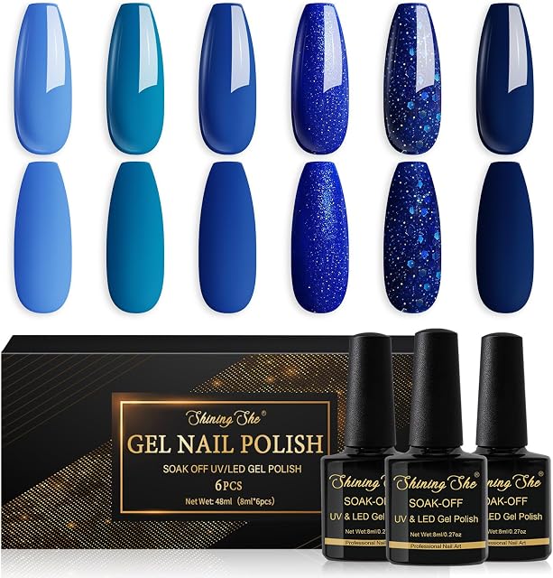 Shining She Nail Polishes Set, 6 Colours Blue Navy Blue Glitter Gel Polish Set Soak-Off UV/LED Blue Series Nail Polish Gel Gift for Nail Art Salon DIY Home, 8ML