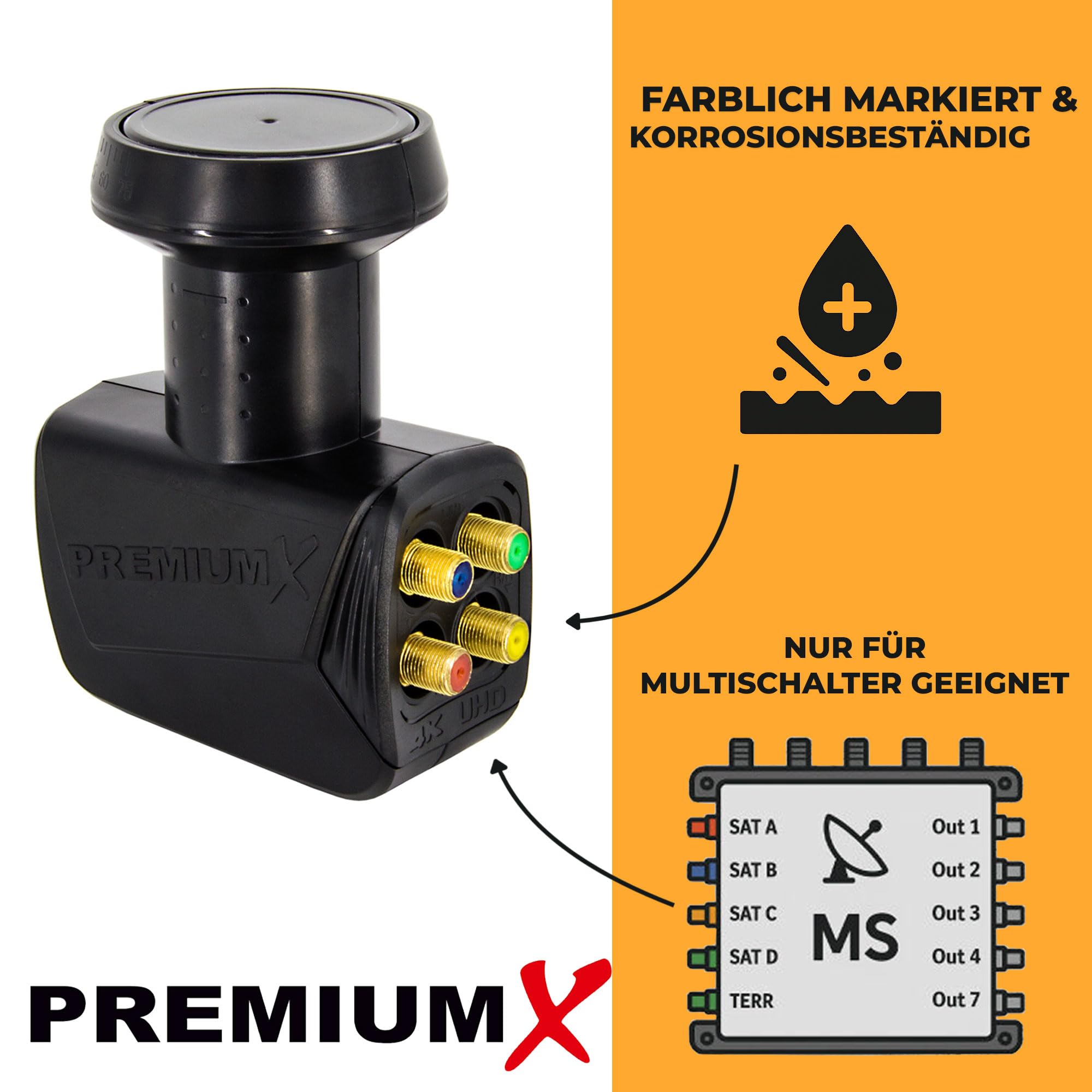 PremiumX Quattro LNB per Multiswitch - Convertitore di segnale TV Multiswitch con protezione dalle intemperie - LNB satellitare digitale in nero con inclusi 8 connettori F - DVB-S2 8K UHD 4K Full HD