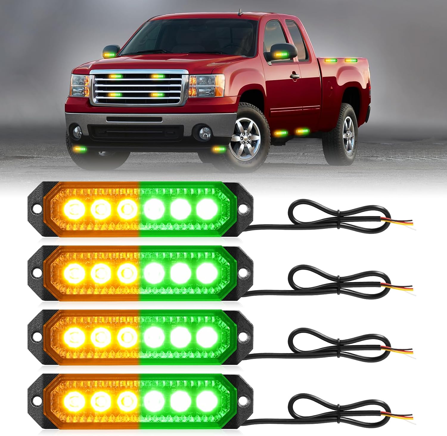 HLauto 406T Emergency Strobe Grille Lights: 4Pcs 6 LED Sync Feature Safety Warning Flashing Light, 12V-24V Ultra Slim Surface Mount Hazard Caution Light for Truck, Vehicle, Car, ATV, UTV (Amber White)