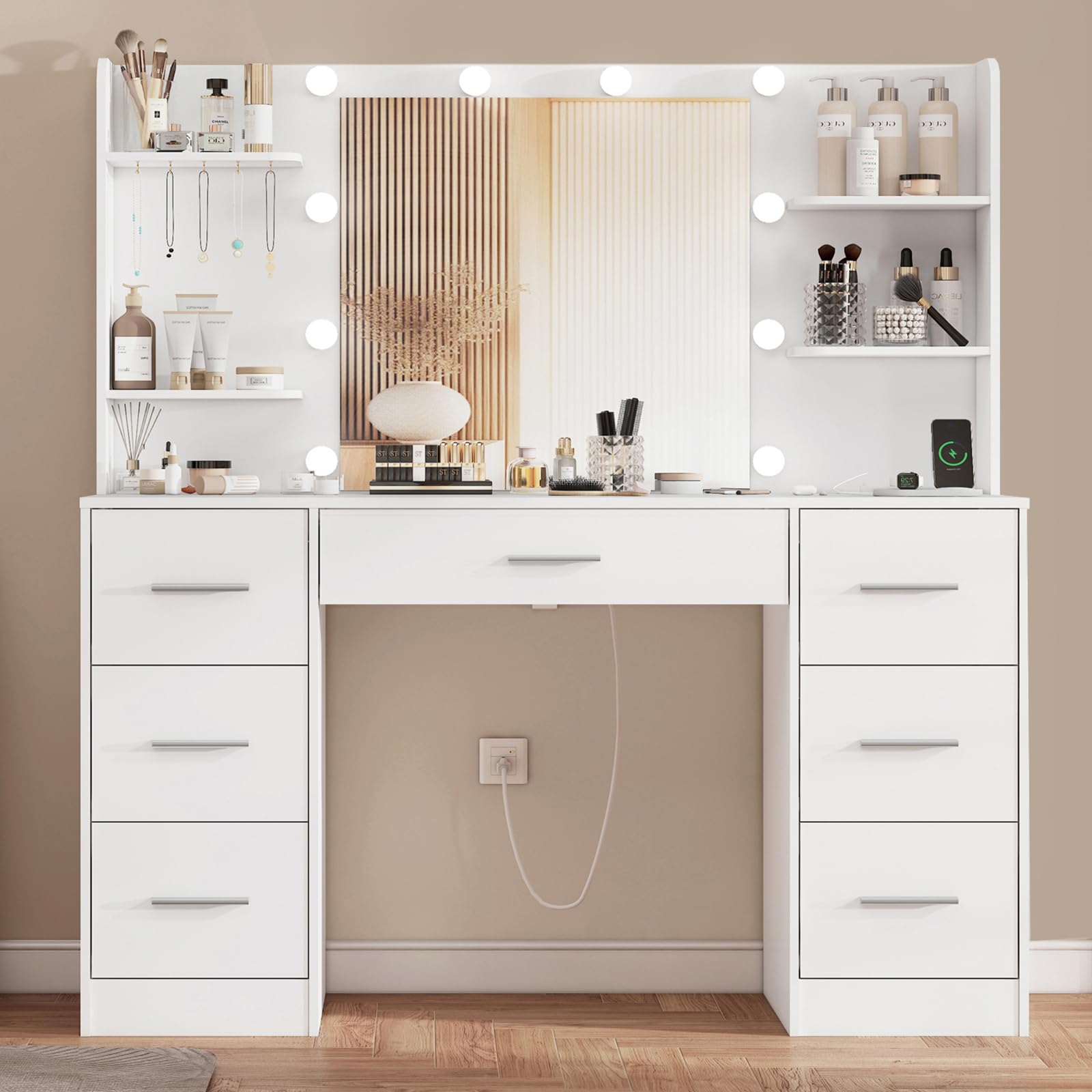 TEENFON Tocador de Maquillaje Grande con Luces LED Regulables y enchufes, Mesa de Maquillaje con Espejo, Mesa de Tocador con 7 cajones, 4 estantes Abiertos y 5 Ganchos para Joyas, Blanco