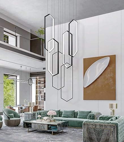 Miniatura 8 de Candelabro de 6 anillos moderno, luz LED contemporánea negra para entrada de sala de estar, lámparas de techo alto regulables con control remoto