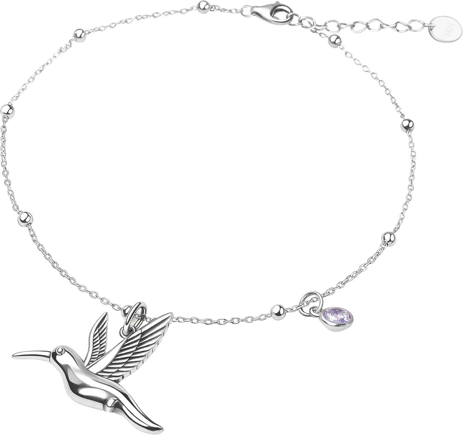 ROMANTICWORK Hummingbird Anklet S925 Sterling Silver Hummingbird Anklet Bracelets for Women Personalized Simulated Birthstone Anklet Hummingbird Gifts for Her Wife Mother