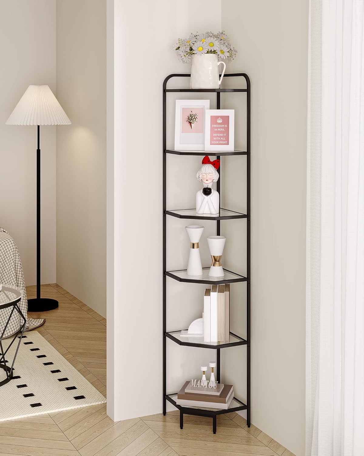 VASAGLE Étagère D'angle à 5 Niveaux, Bibliothèque, Cadre En Métal, Étagère De Rangement En Verre Trempé, Antirouille, Salon, Chambre, Cuisine, Salle De Bain, Moderne, Doré Par SONGMICS LGT810A01