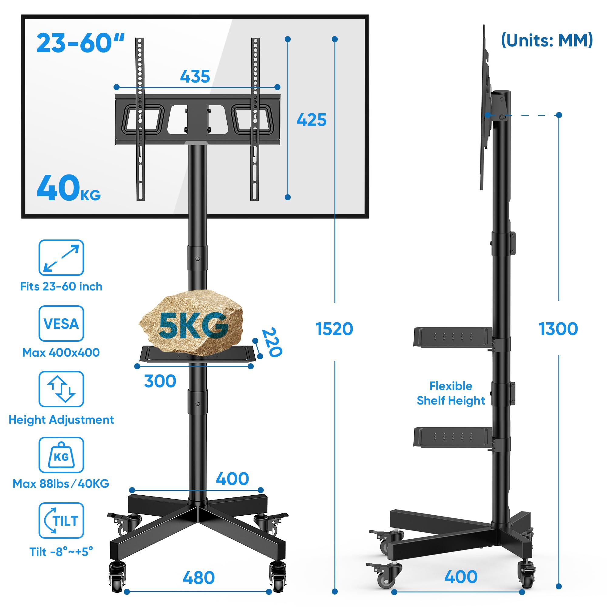 FORGING MOUNT Supporto TV da Pavimento per 26-60 Pollici TV, Altezza Regolabile Carrello Porta TV con Ruote Fino a 40kg, Porta TV da Terra Mobile con Scaffale per Laptop, Max VESA 400x400mm
