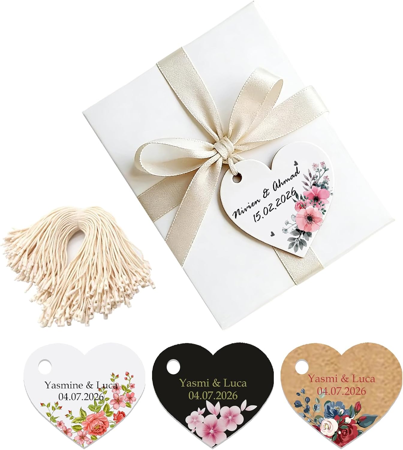 Custom Gift Tags with String, Heart-Floral Personalized Tags with Logo/Text
