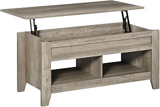 HOMCOM Lift Top Coffee Table w/Hidden Storage Compartment Open Shelves Lift Tabletop Pop Up Centre Table for Living Room Oak Effect