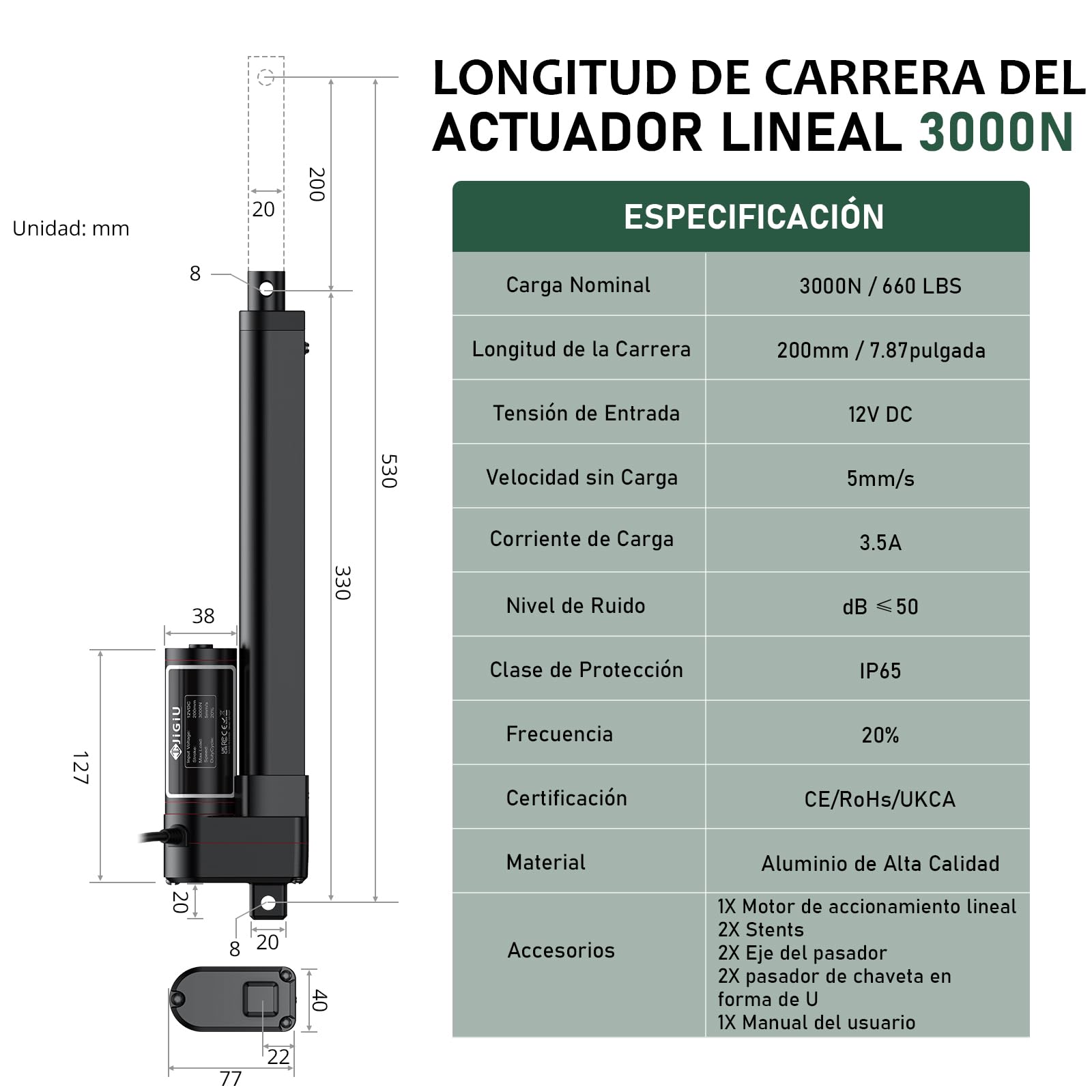 JiGiU 200mm 12V Actuador Lineal 660lbs 3000N 5mm/s IP65