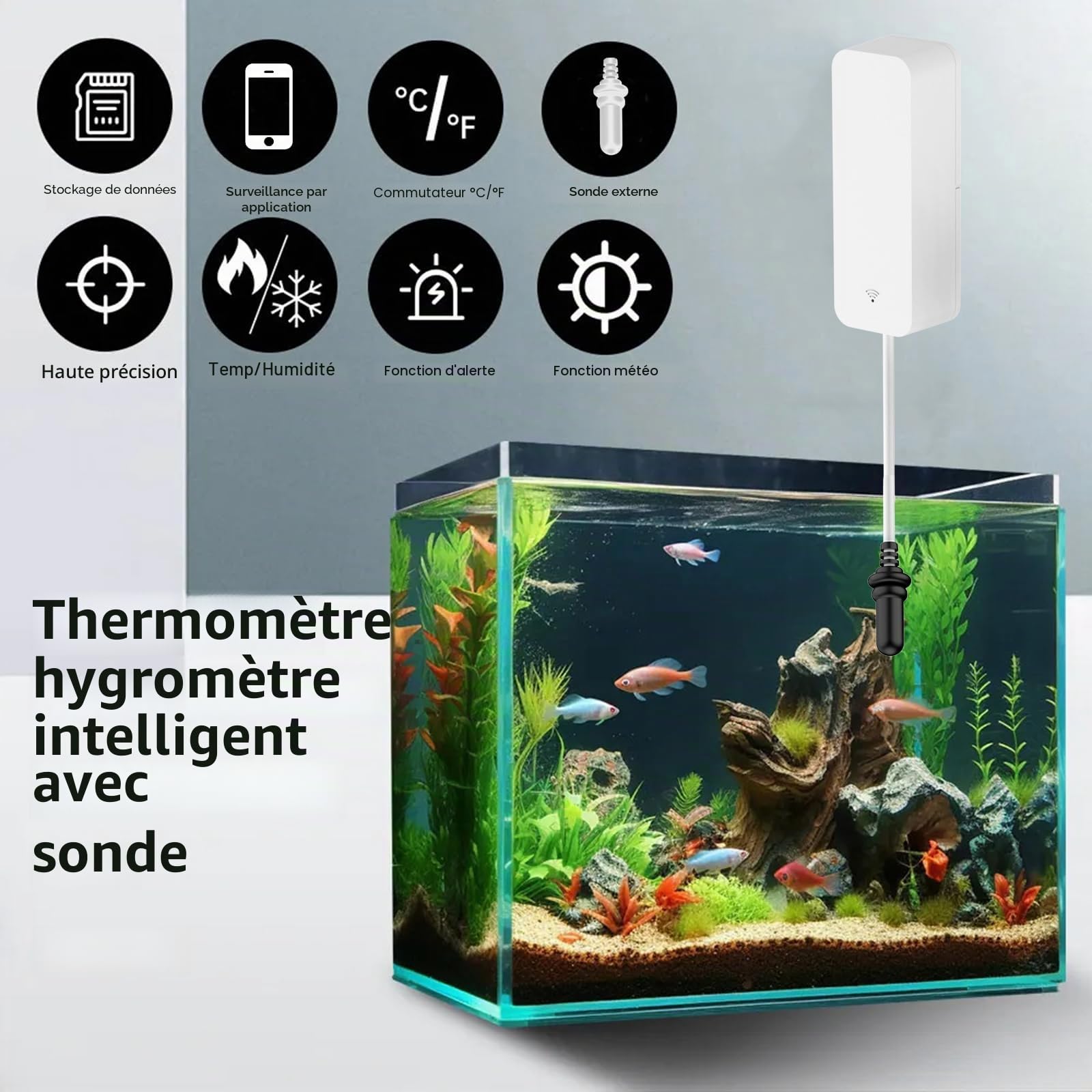 Thermomètre Hygromètre Smart avec Sonde, Jauge de Température et d’Humidité pour Aquarium WiFi avec Surveillance à Distance via App, Capteur de Thermomètre pour Réfrigérateur, Compatible Alexa. 4PCS