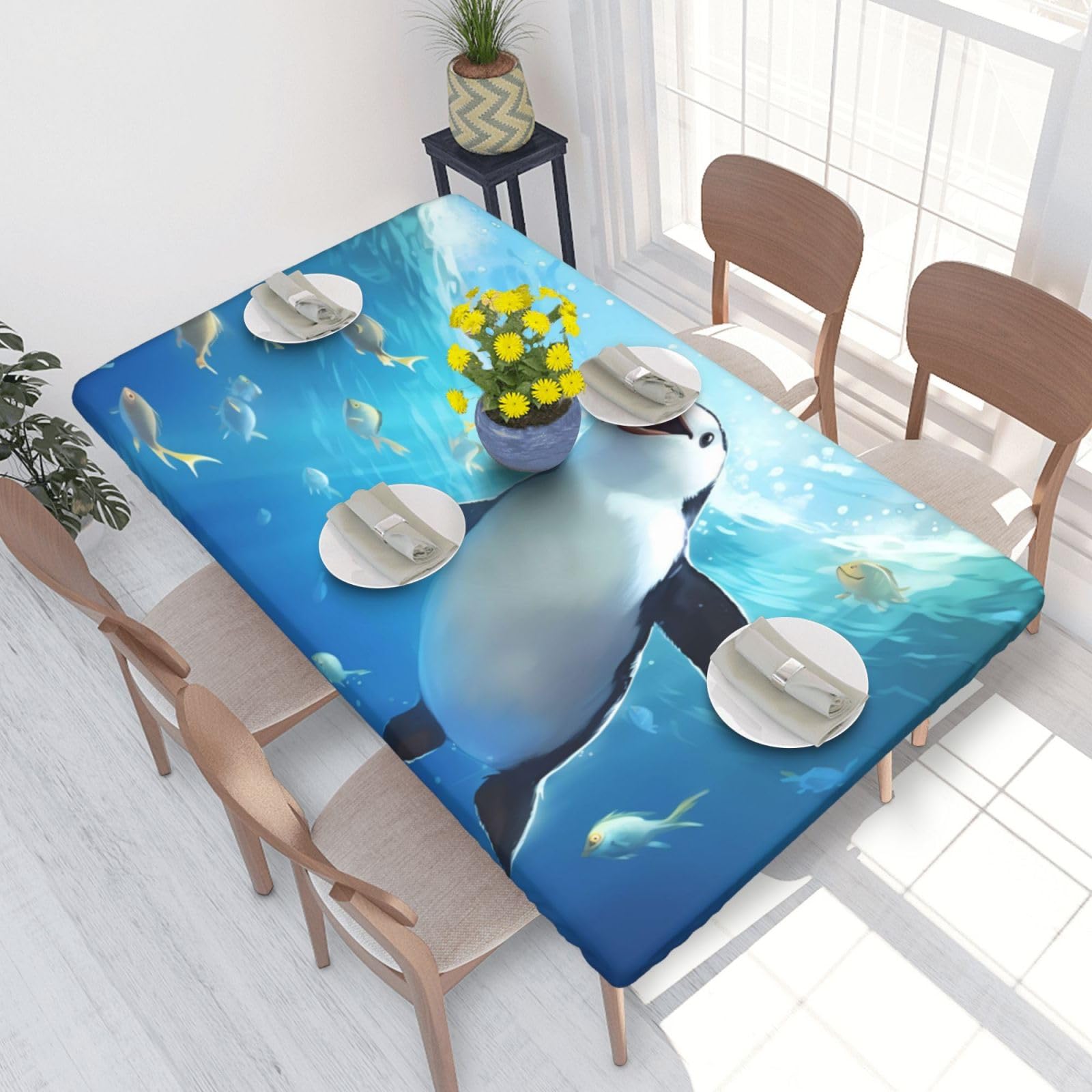Happy Penguin Waterproof Square Table Cover Elastic Fitted Tablecloth Oil Proof Table Protector For 4ft Table