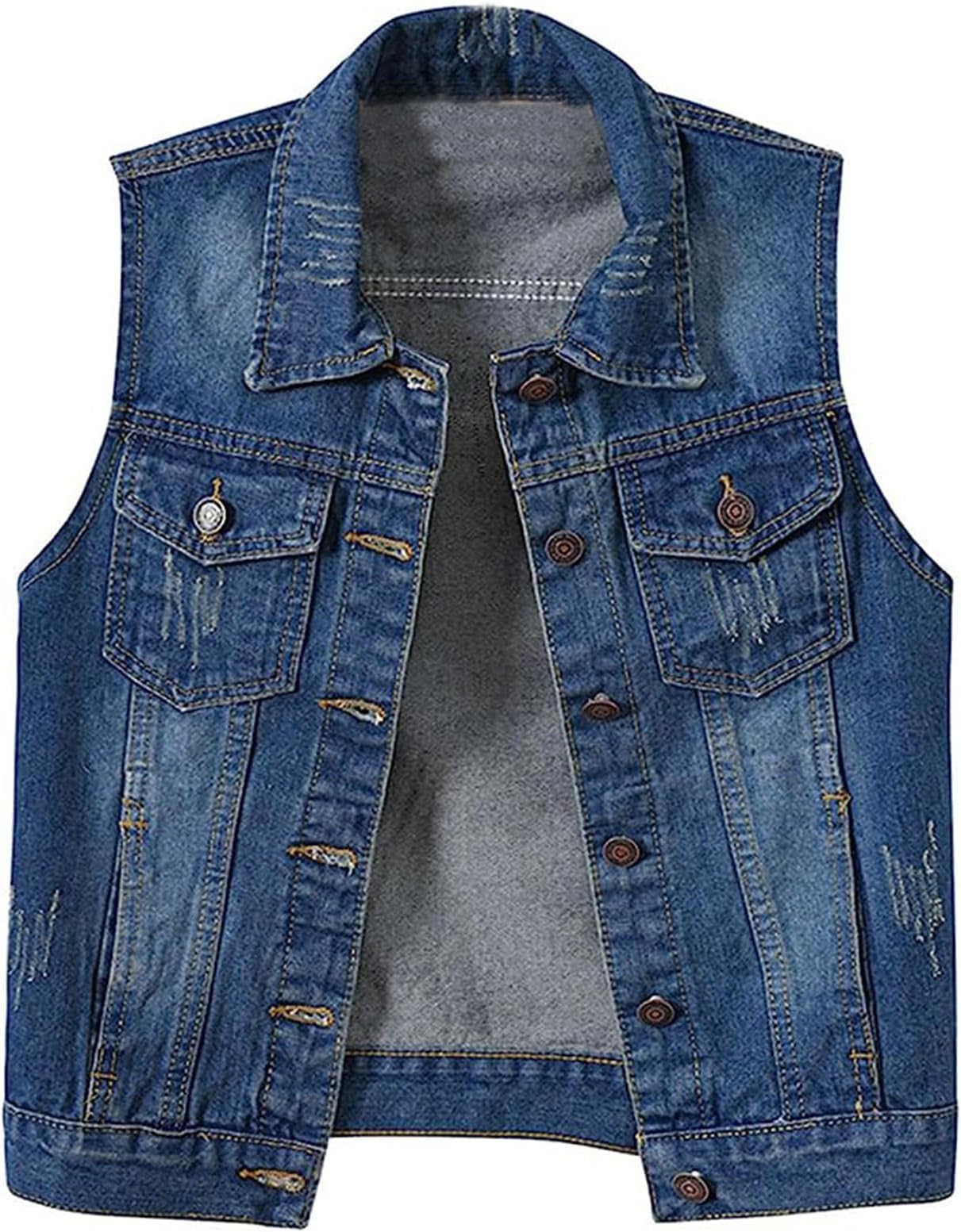 Women's Buttoned Washed Denim Jacket Sleeveless Crop Vest 6 Color