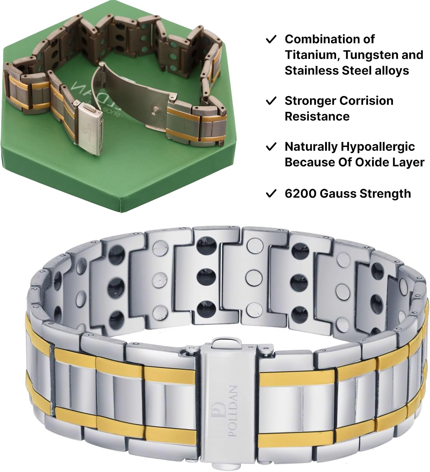 POLLDAN® 3X Power Magnetic Bracelets For Men | 6200 Gauss Strength Mens Titanium Bracelet with Fold-Over Clasp, Adjustable Length, Gift Box, Sizing Tool | Innovative Magnets Alloy - Patent