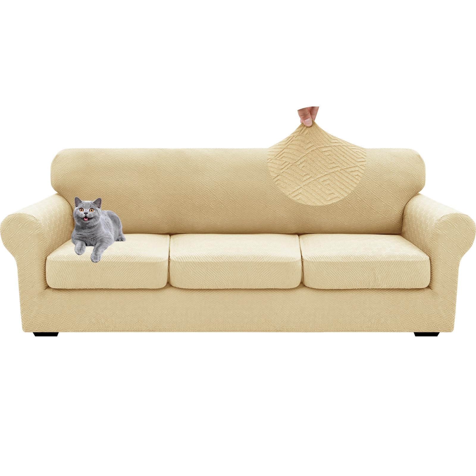 GEBIN 4 Pieces Stretch Sofa Cover 3 Seater, Soft Couch Covers with 3 Separate Seat Cushions Cover, Jacquard Spandex Sofa Slipcover for Living Room Furniture Protector (Beige,XL Sofa(3 Cushions))