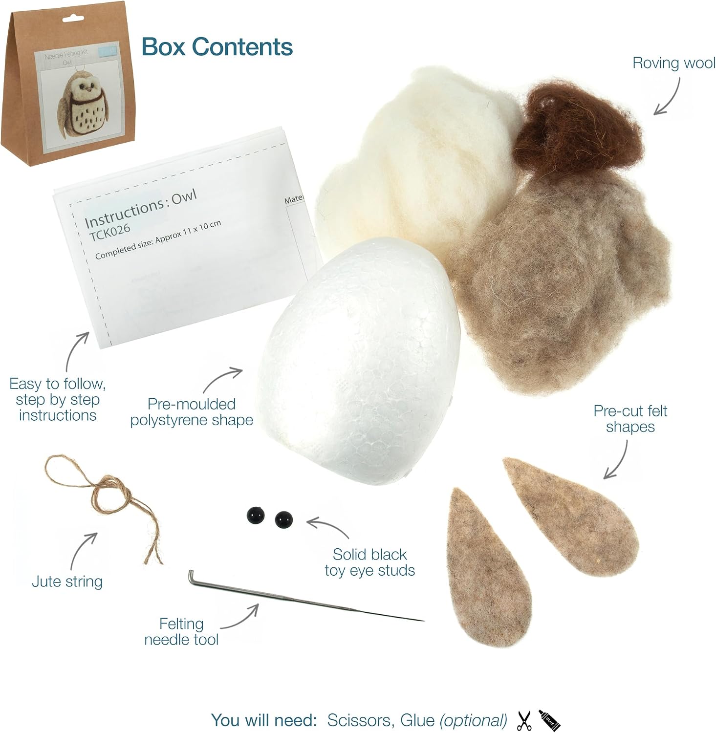 Trimits Needle Felting Craft Kit, Includes Roving Wool Needle Stuffing Instructions, Owl