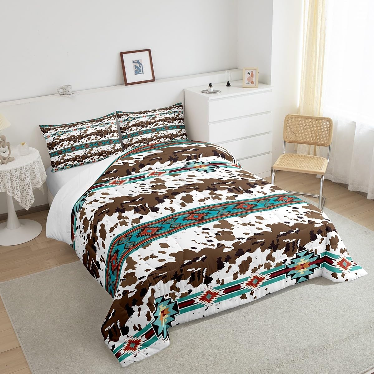 Feelyou Green Southwestern Bedding Set Toddler Size Cow Print Comforter Set Geometric Tribal Native American Indian Design Comforter Decor Exotic Style Stripe Line Duvet Set