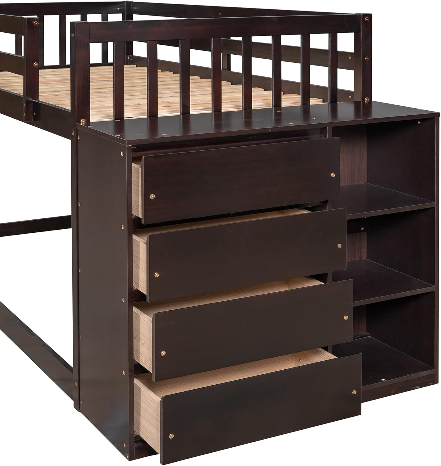 Twin Over Twin Bunk Beds with Storage, Wooden Twin Floor Bunk Beds with 4 Drawers and 3 Shelves, Low Bunk Bed Frame, Twin Loft Bed for Kids, Girls Boys, Teens, Adults (Espresso)
