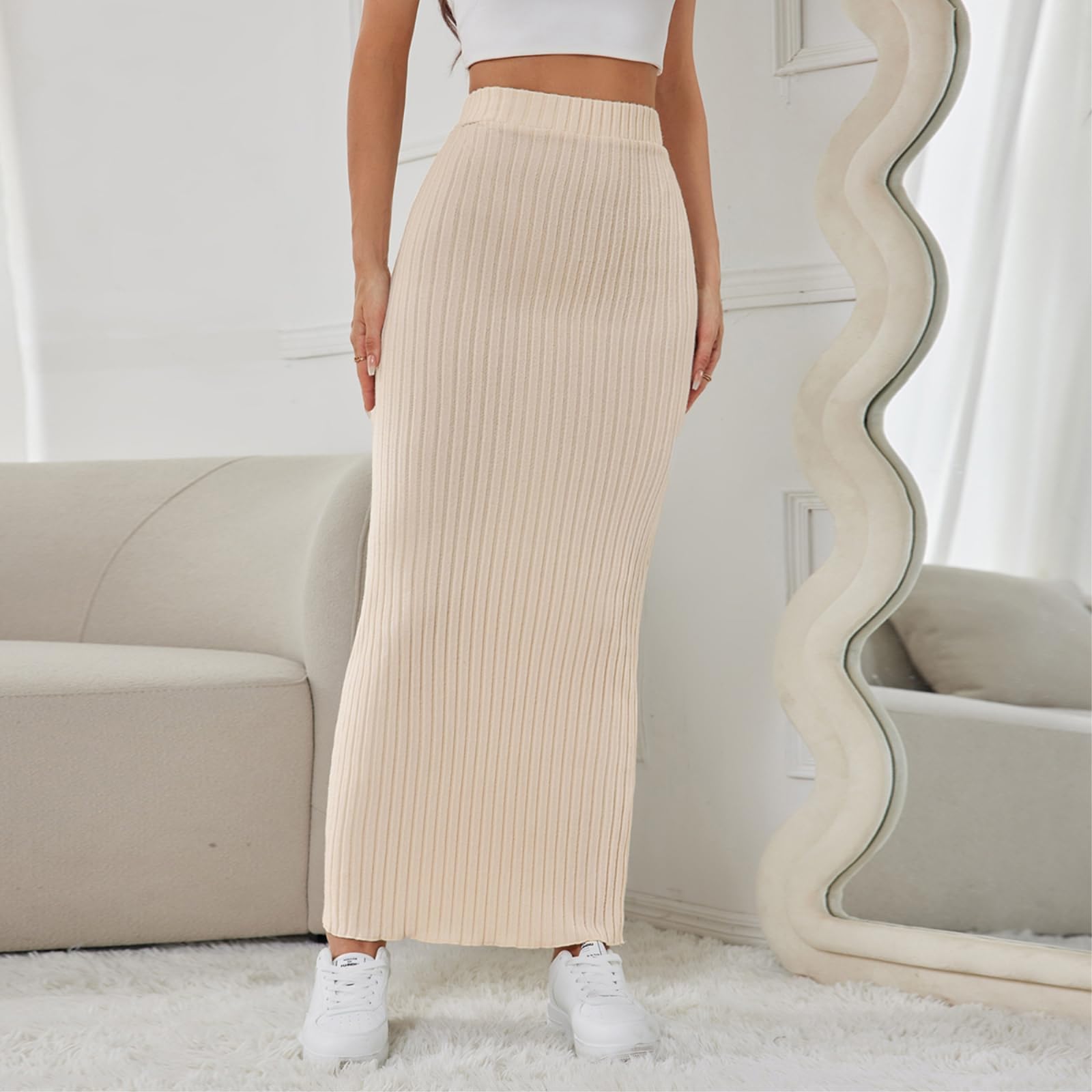 Spódnice damskie z wysokim stanem, z bocznym szwem slim fit, dzianinowa spódnica midi, sukienka na co dzień, khaki-XL