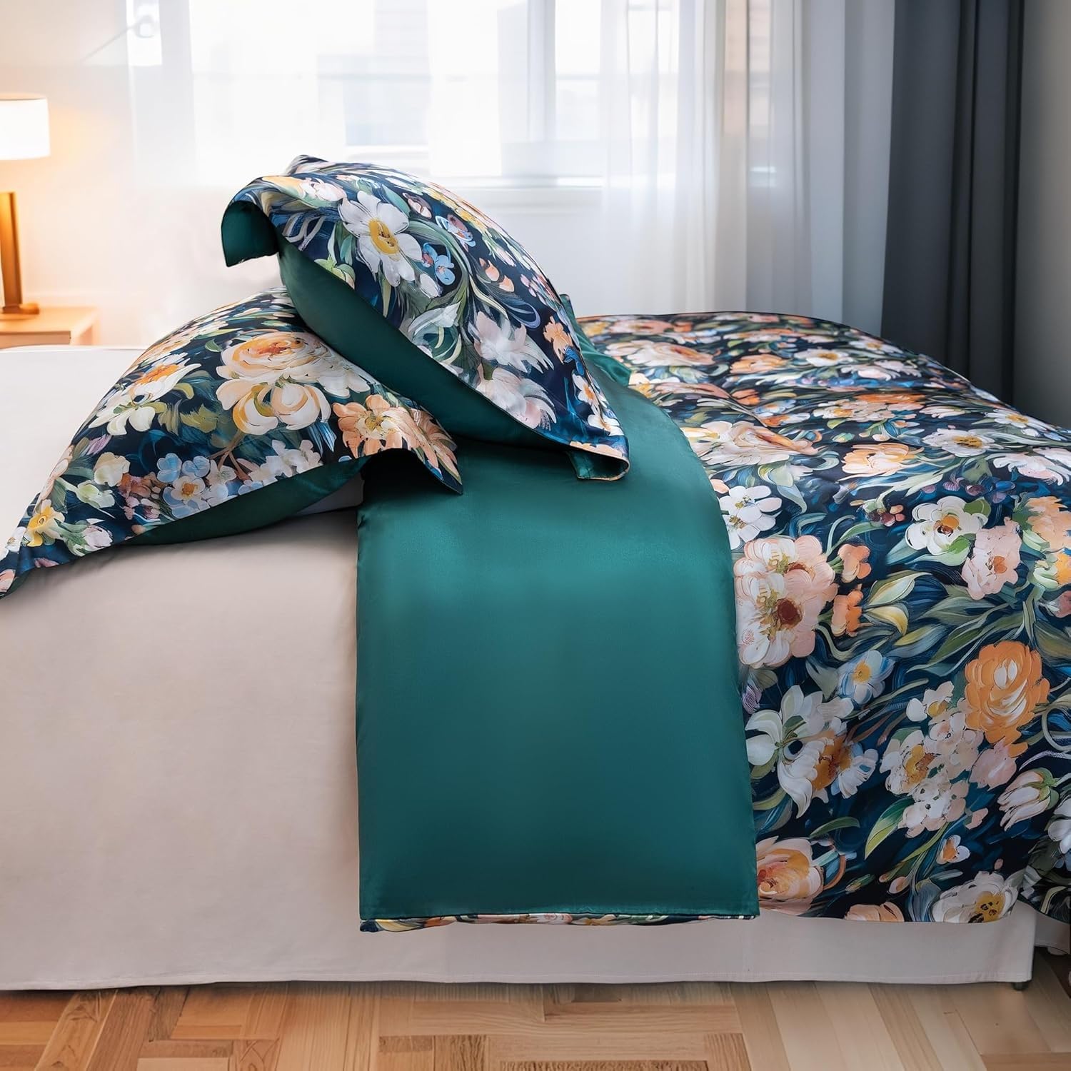 Generisch Gelbweiße Pfingstrosen Bettwäsche 155x220cm, Dunkelblau Bettbezug, 3-Teiliges Bettwäsche-Sets aus Atmungsaktiver und Weicher Mikrofaser, 2 Kissenbezüge mit Reißverschluss AH88