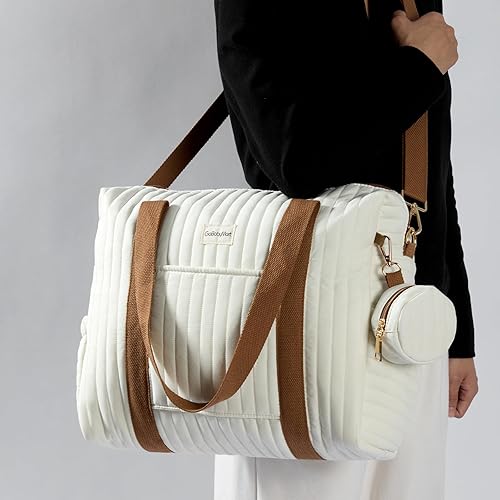 Miniatura 2 de Juego de 3 bolsas de pañales con cambiador y funda para chupete, bolsa de viaje de algodón para maternidad (Mediana - Beige)