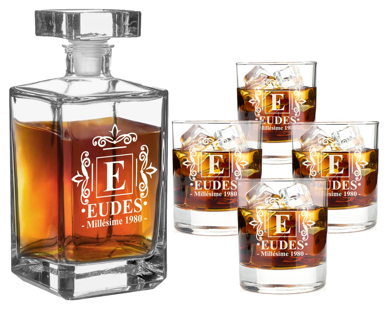 Juego de decantador con vasos de whisky, juego de whisky personalizado de 700 ml con + 4 vasos de 270 ml