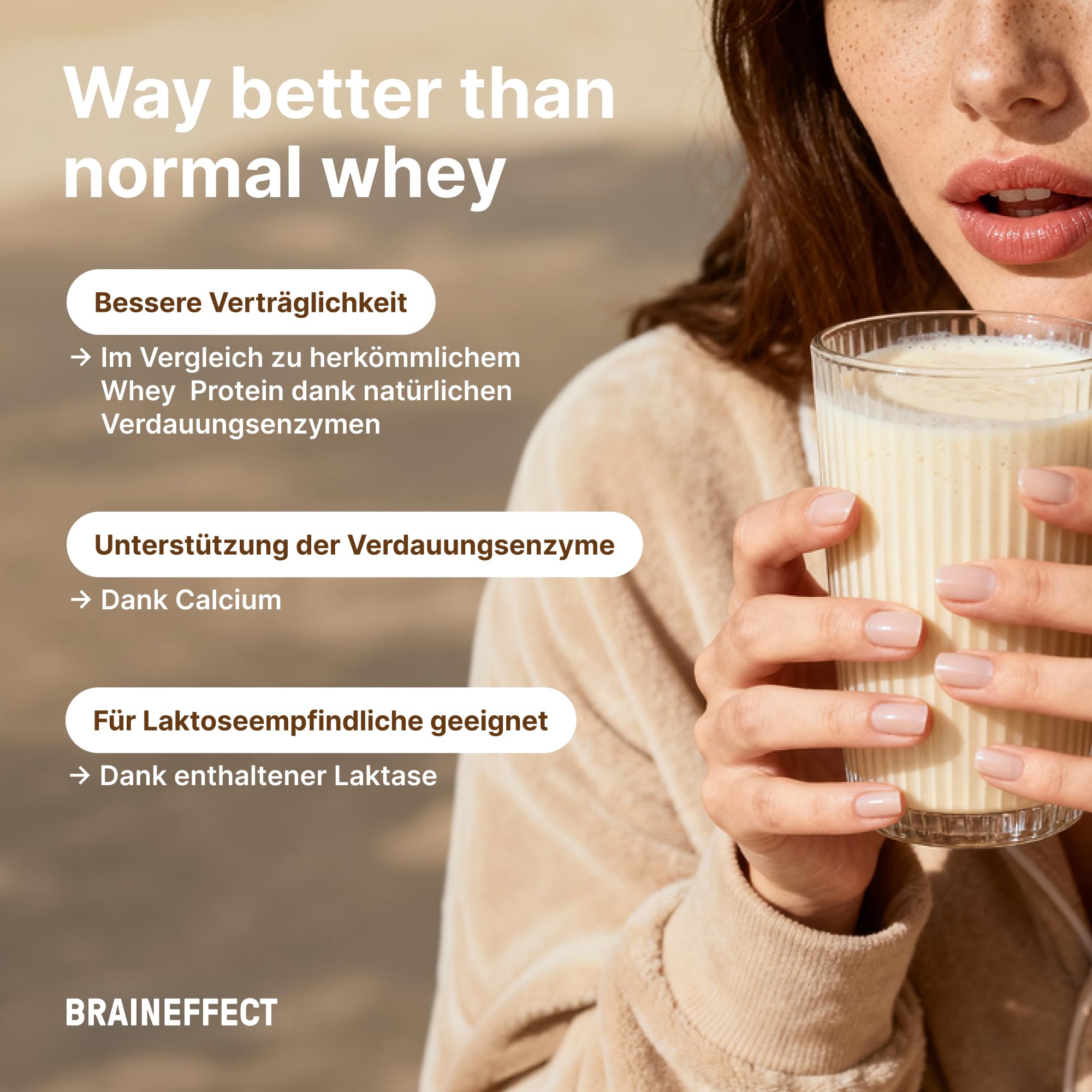 BRAINEFFECT Whey Digest Protein Pulver – 22 g Molkenprotein mit Verdauungsenzymen & Laktase – Leicht verdaulich, laktosefreundlich, für Muskelaufbau & Regeneration – Vanille eiweißpulver – 600 g