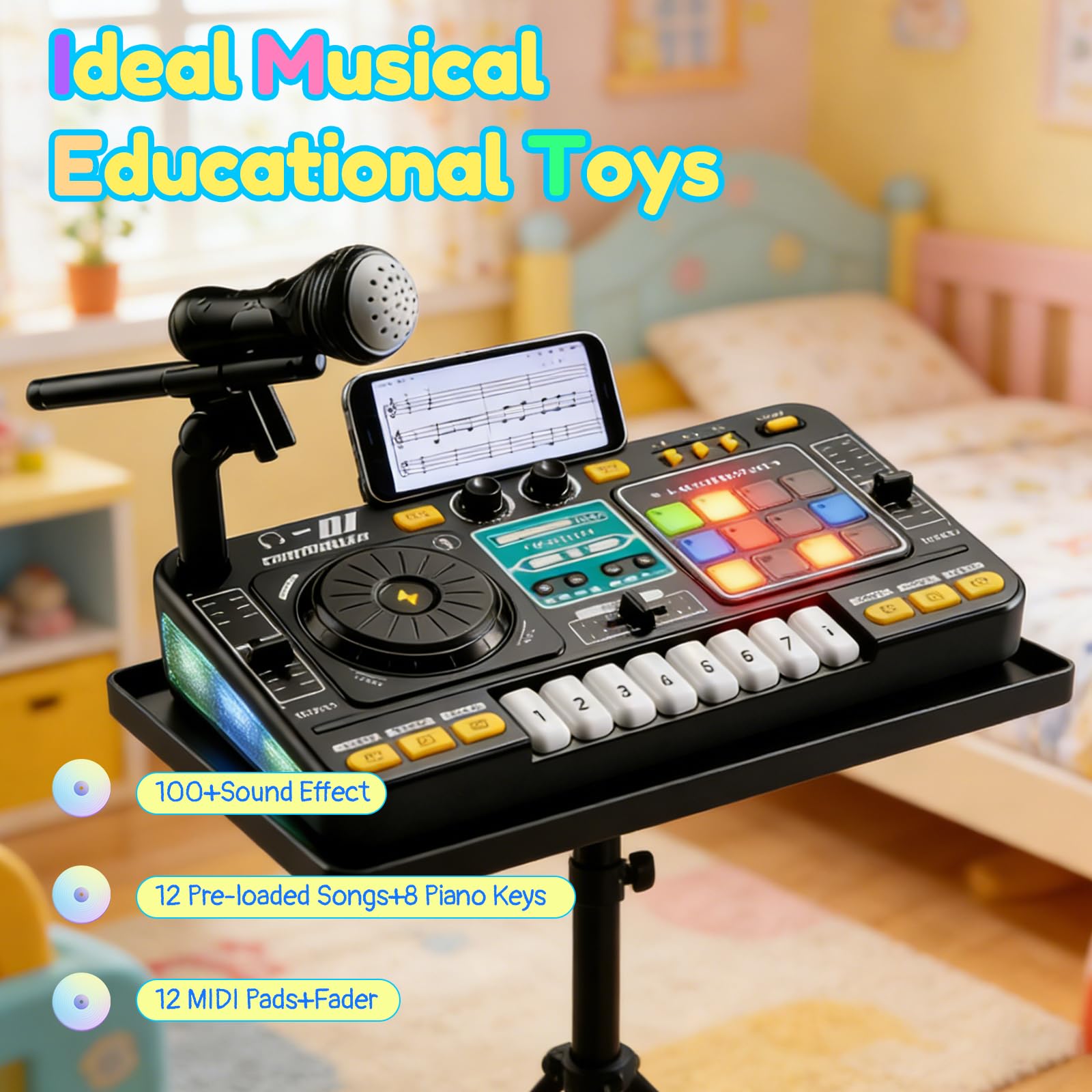 Table de mixage DJ pour enfants 3-12 ans, DJ Mixer Controller pour enfant Platines DJ Musicale avec 100+ effets sonores, micro, Lumières kit de mixage DJ Enfants Chargement USB, Bluetooth(schwarz)