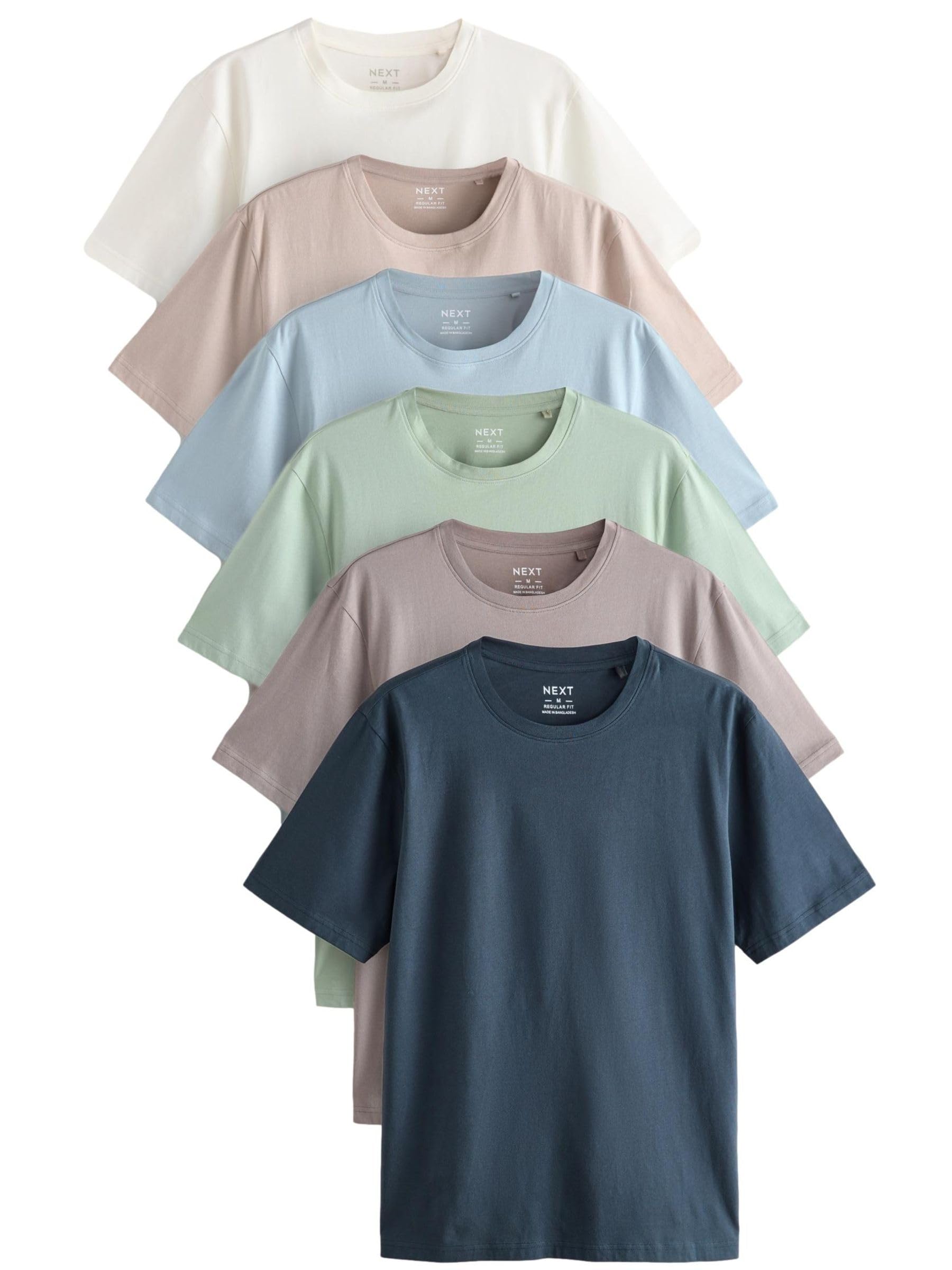 NEXT Hombres Pack de 6 Camisetas básica de Corte estándar en algodón Ecru/​Blue/​Green/​Neutral/​Grey/​Stone L