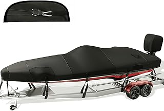 Boat Cover with Ratchet to Tighten The Hem,1200D Heavy Duty Boat Covers,20-22ft Hurricane-Proof Bass Boat Cover,100% Waterproof Bass Tracker Cover with Motor Cover for Trailer,Mooring,Black