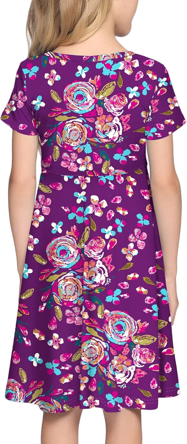 KYMIDY Girls Short Sleeve Floral Dress Kids Boho Casual Twirly Skater Dress with Pockets for Girls 6-13 Years - Image 4