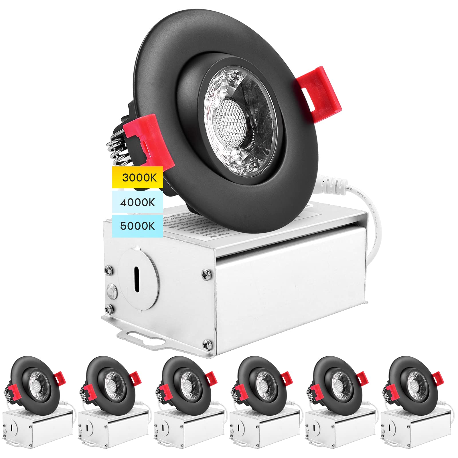 Luxrite 6 Pack 3 Inch Adjustable LED Gimbal Recessed Lighting with J-Box, 3 Color Options 3000K | 40