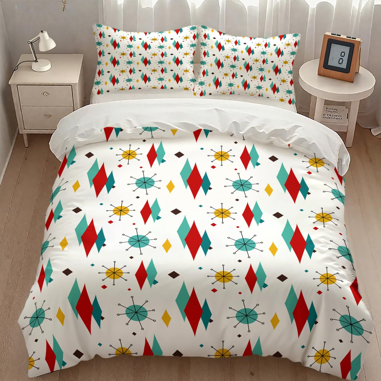 Mid Century Bedding Set,1950s 1960s Vintage Modern Geometric Abstract Atomic Stars Geometric Diamond Pattern Comforter Set with Pillowcase for Bedroom Bed Decor,Queen 90"x90"