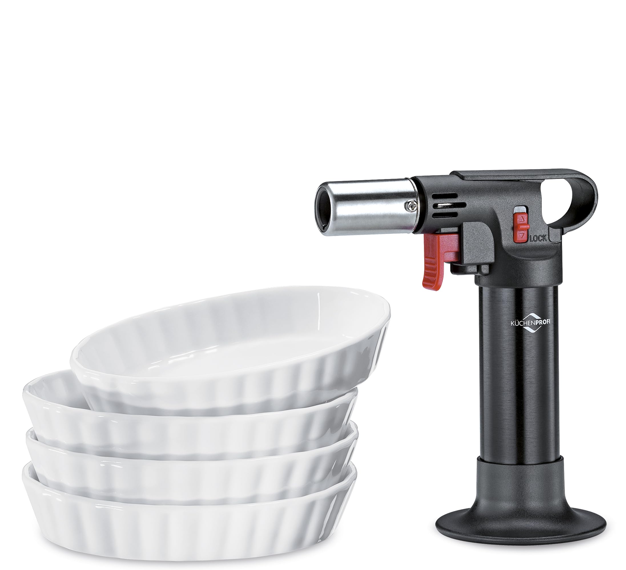 Küchenprofi Crème Brûlé Set ECO, 5 pezzi, 1 bruciatore flamber, 4 ciotole in porcellana dura (85 ml), adatte al forno e al microonde, con bruciatore e ciotole, incluse ricette