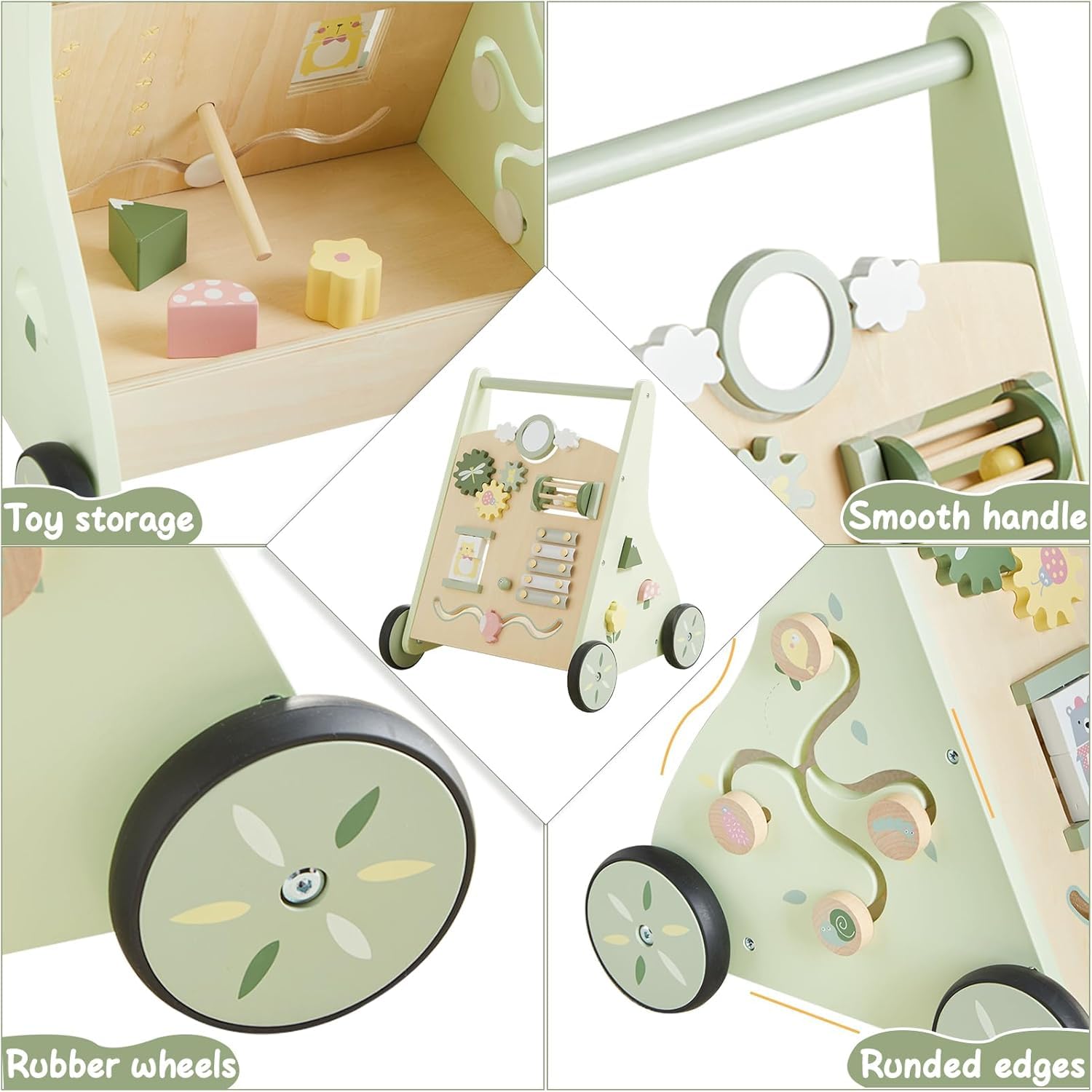 Asweets Andador de Madera para Bebés, Centro de Actividades Múltiples para Niños y Niñas, Juguete Educativo Montessori para Aprender a Sentarse y Pararse de 12 Meses (Verde)