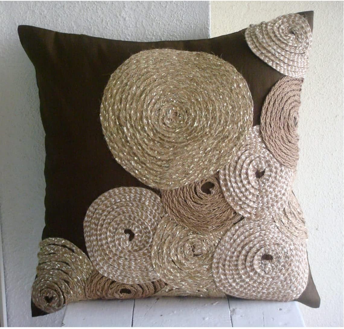 The HomeCentric Pack of 2, 22x22 inch (55x55 cm) Cushion Cover, Brown Throw Pillow Cover Couch, Spiral Jute Pillow Cover, Art Silk Square Pillow Cover, Geometric, Circles Easter - Adorned by Jute