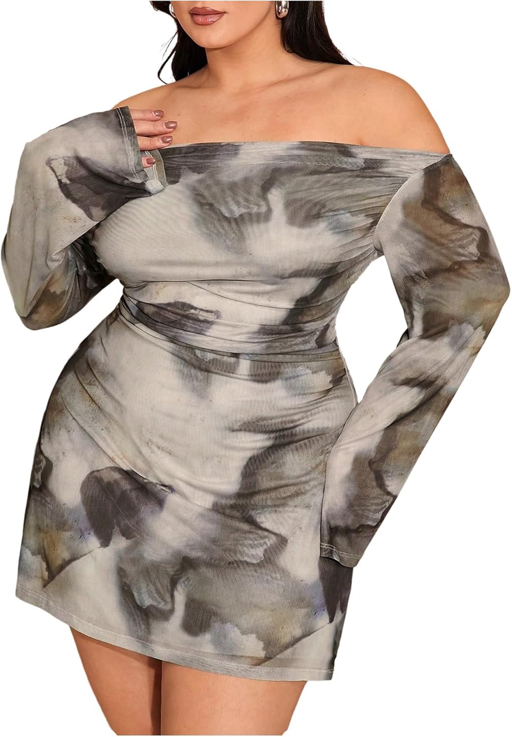 SOLY HUX Women's Plus Size Off The Shoulder Tie Dye Mini Dress Flared Long Sleeve Bodycon Party Dress