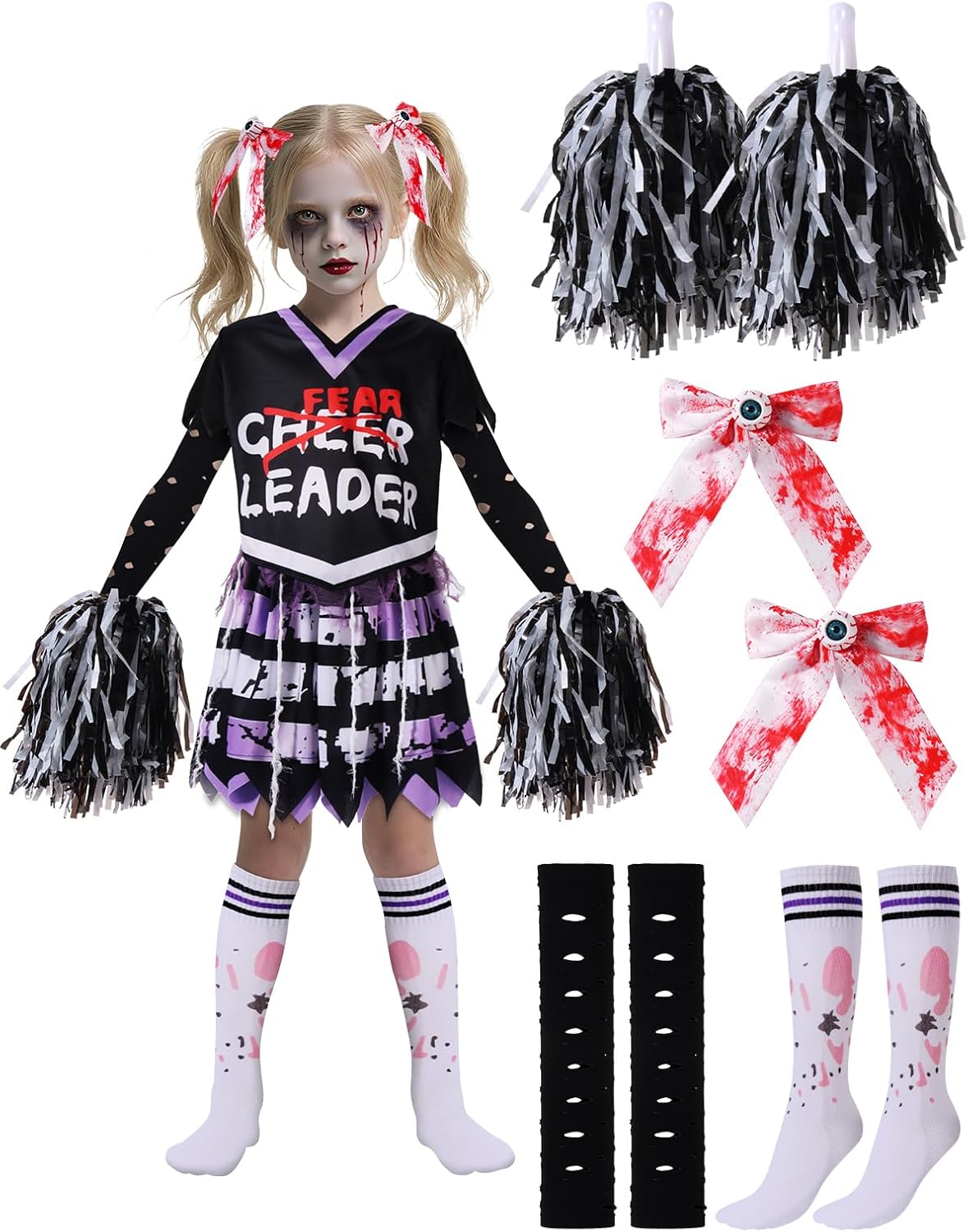 Dead Cheerleader Costume for Girls, Scary Bloody Kids Halloween Costumes for Halloween Dress Up Parties