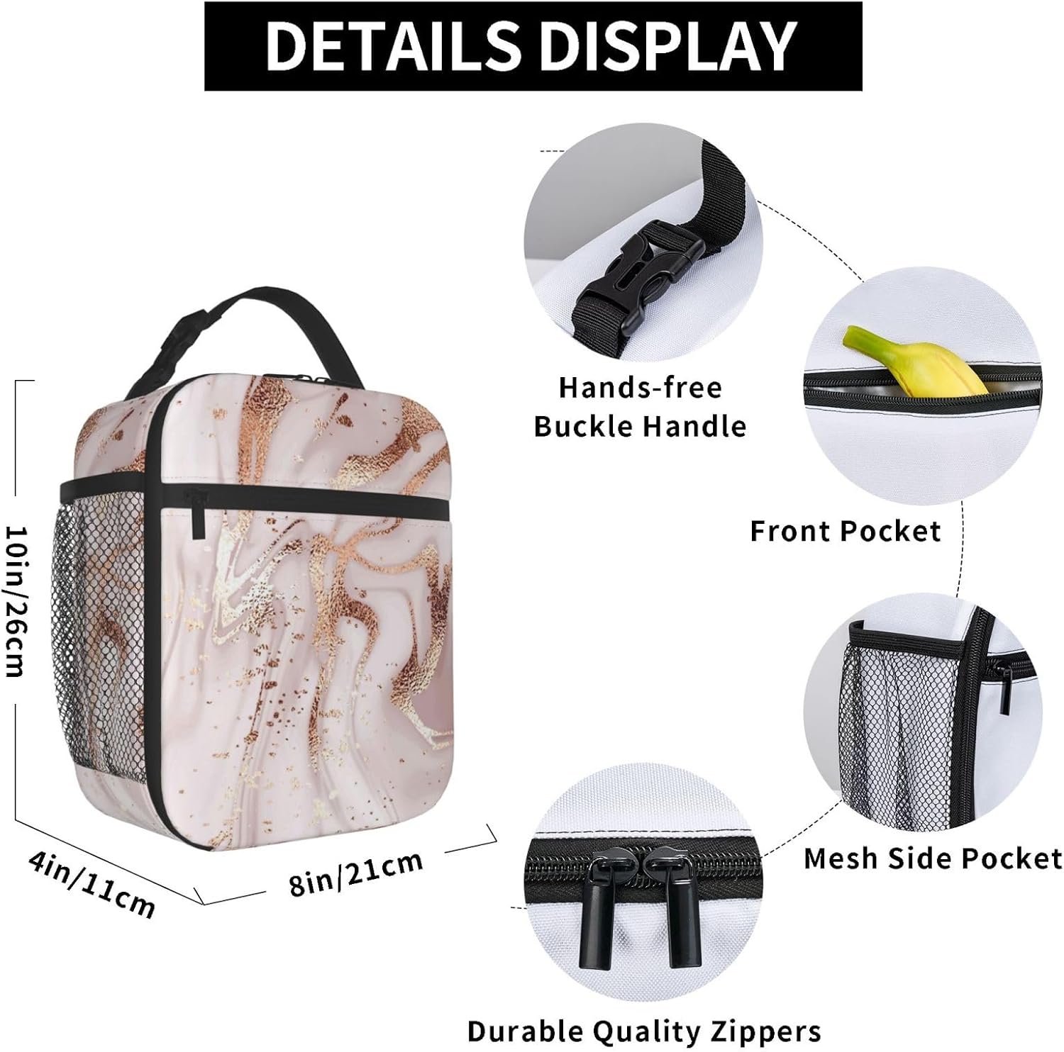 Rose Gold Glitter Marble Lunch Bag Insulated Lunch Box Reusable Cooler Totes For Women Men Adults Girls Boys Work School Picnic Camping image 3