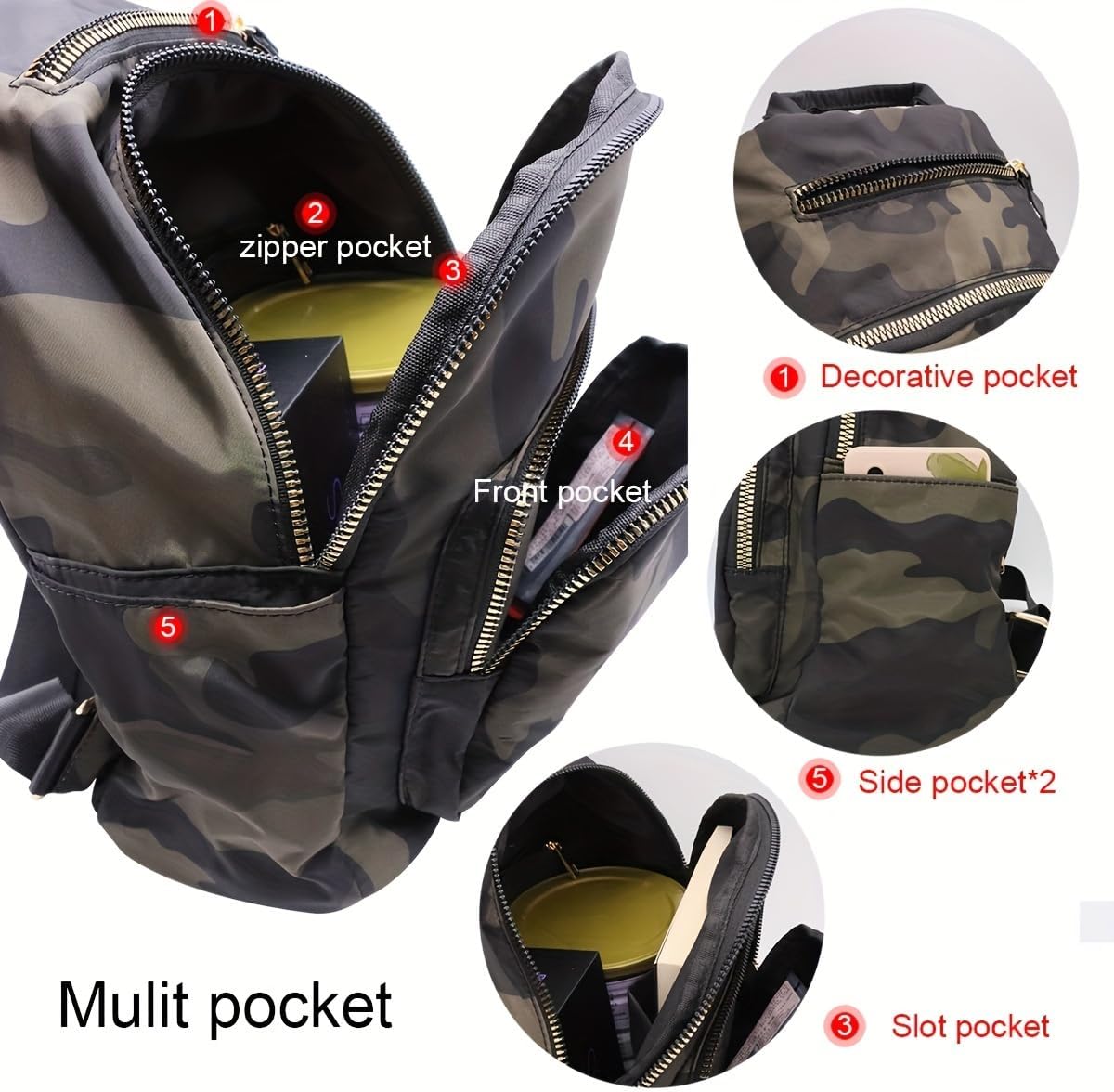 Women Nylon Medium Backpack Anti-theft Fashion Casual Lightweight Travel Shoulder Bag Tote Bag (Camo) - Image 2