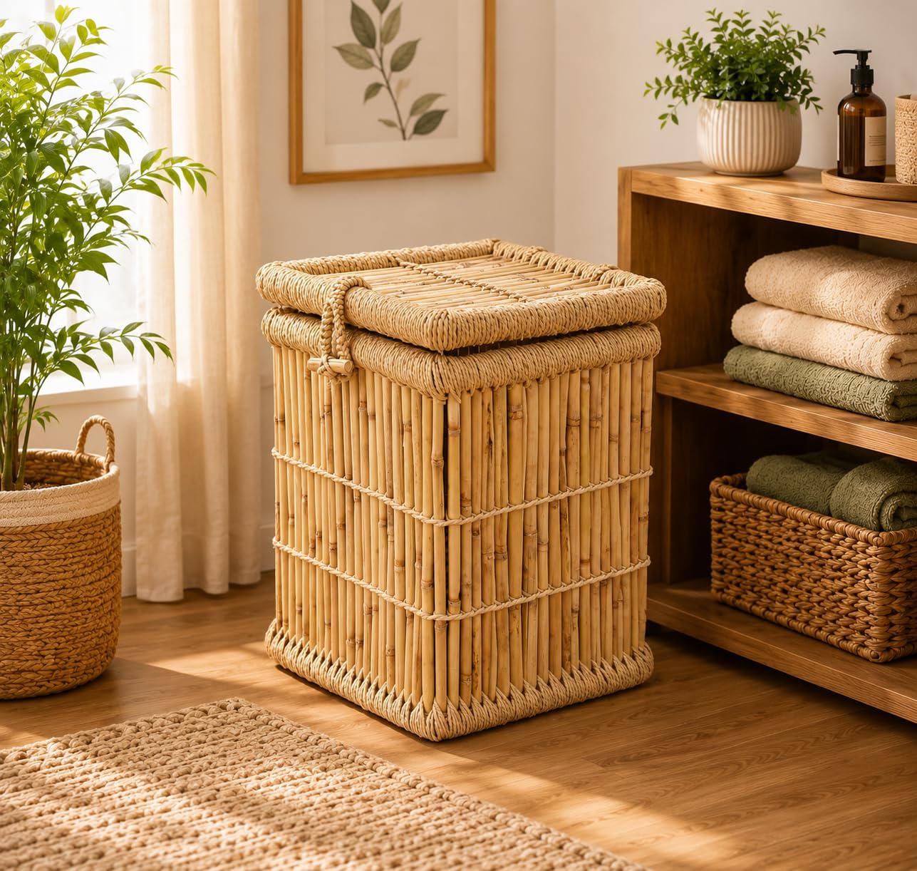 bamboo laundry basket hamper with lid for clothes and toys and books | natural rattan style, woven design