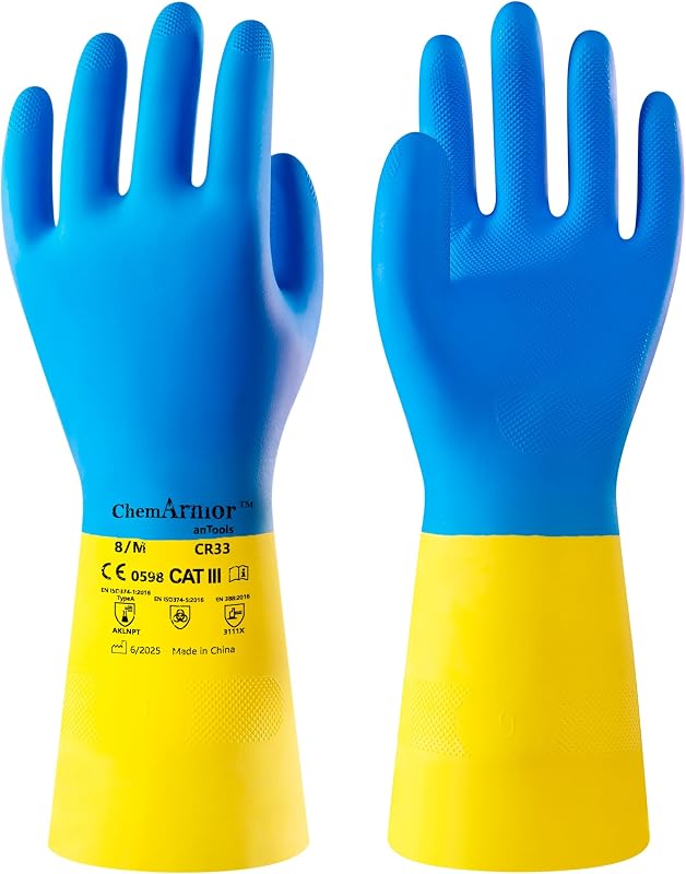 antools Neoprene and Rubber Blend Heavy-Duty Chemical Gloves, Protective industrial gloves for Resist Acid, Alkali, Hazmat, cleaning, dishwashing, Large