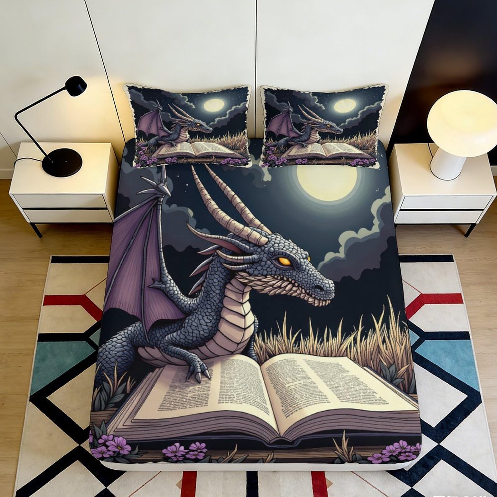 3D Printed Moonlit Dragon Fitted Sheet Microfiber Breathable Fantasy Book Mattress Cover Bedroom Decor 90x200x25cm