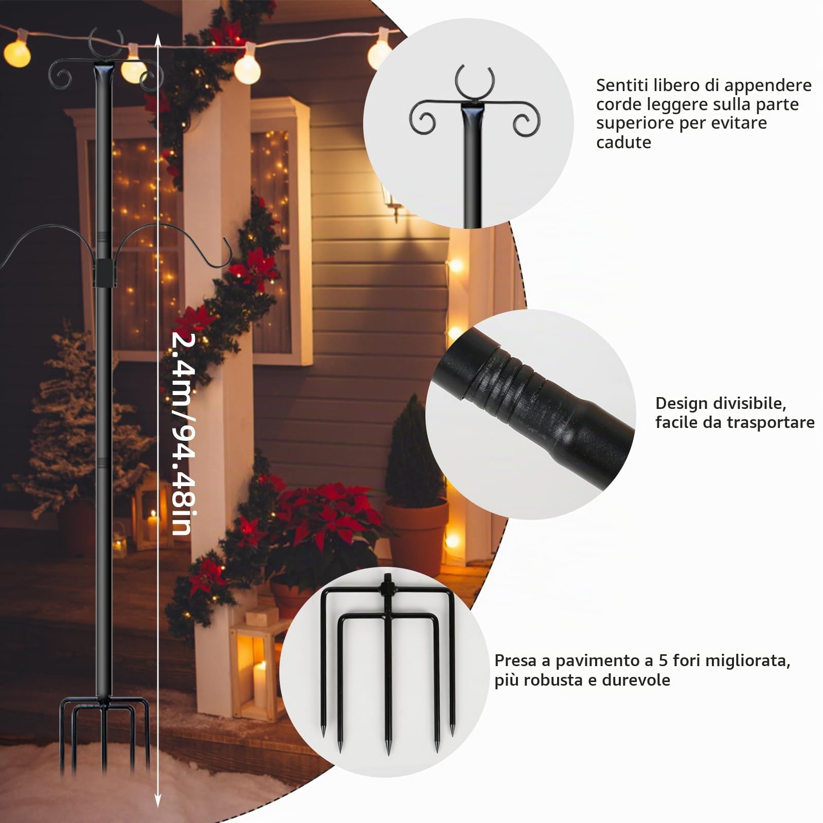 Pali per Luci da Esterno, Confezione da 2 Pali Festoni per Appendere Luci Natalizie, Luci a LED, Lanterne, Pali da 2,4M per Giardino, Matrimoni, Feste, Patio